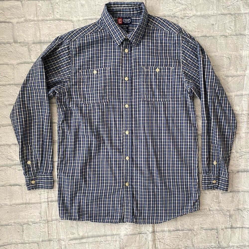Chaps youth boys XL 18-20 cotton blend plaid print button down dress shirt